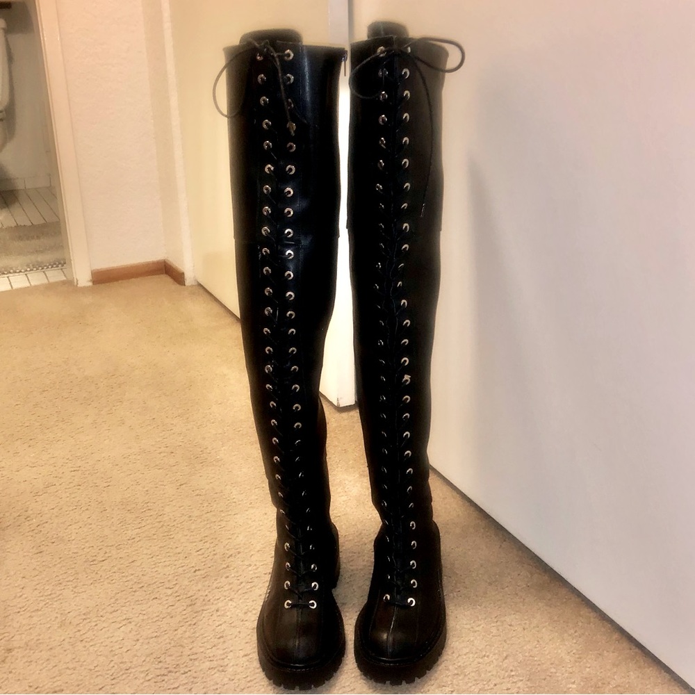 NWOT Zara Thigh High Genuine Leather Lace Up Boots Lug Sole. - Picture 4 of 16
